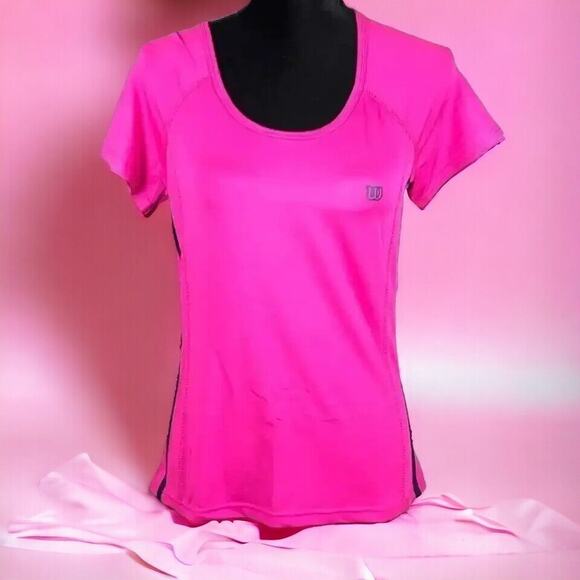Wilson Womens Medium Pink Athletic Top Stretch Blue Stripe Short Sleeves NWT - Picture 1 of 9